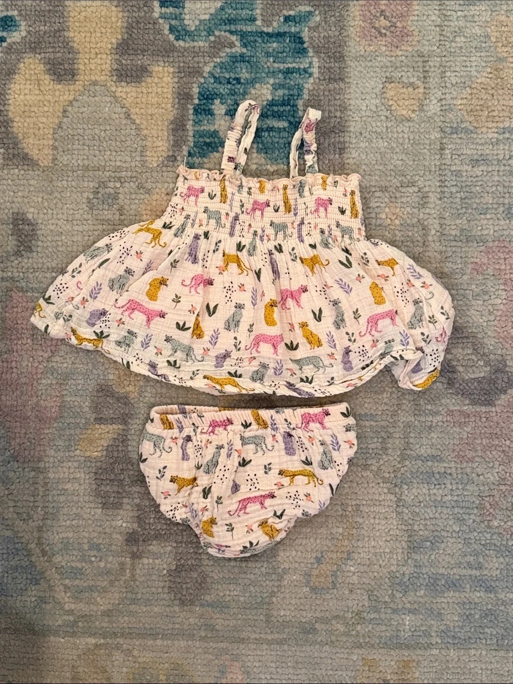 Girls' White Smocked Tank Dress & Bloomers Set with Pastel Safari Leopard Print